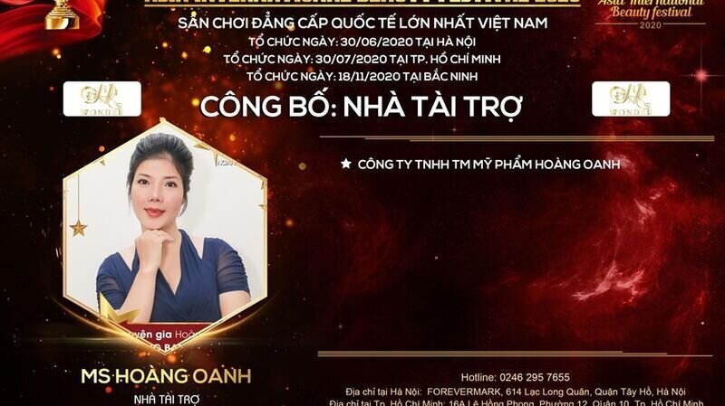 Chuyên gia Hoàng Oanh sẽ chính thức xuất hiện tại cuộc thi Asia International Beauty Festival 2020 trên cương vị Nhà tài trợ