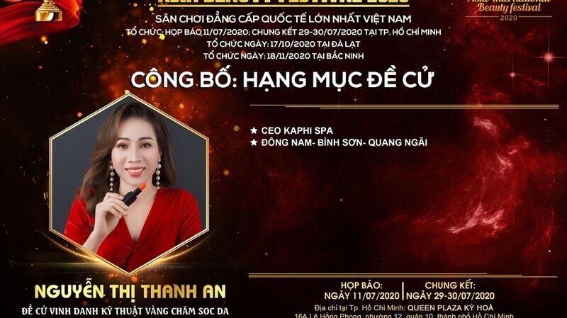 Chuyên gia làm đẹp Nguyễn Thị Thanh An xuất sắc nhận giải thưởng Đề cử Vinh danh Kỹ thuật vàng Chăm sóc da tại cuộc thi Asia Beauty Festival 2020