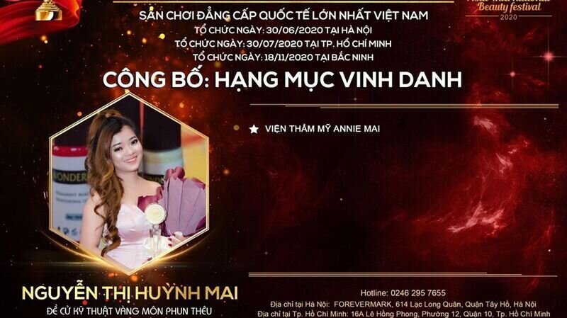 Chuyên gia làm đẹp Annie Mai xuất sắc nhận Đề cử Kỹ thuật vàng bộ môn Phun thêu tại cuộc thi Asia International Beauty Festival 2020