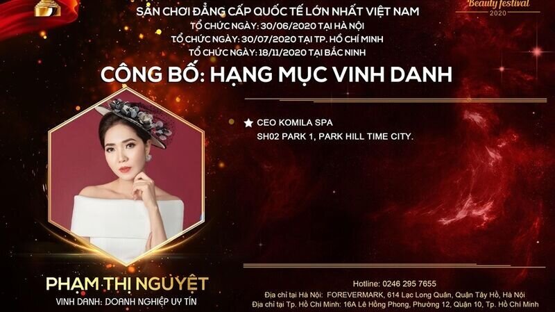 Doanh nhân/CEO Phạm Nguyệt xuất sắc nhận giải Vinh danh Doanh nghiệp uy tín tại cuộc thi Asia International Beauty Festival 2020