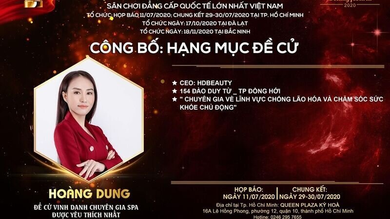 Hạng mục Đề cử Vinh danh Chuyên gia Spa được yêu thích nhất: xuất sắc gọi tên chuyên gia làm đẹp Hoàng Dung