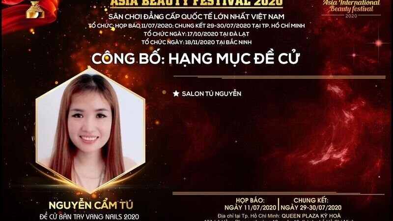 Nghệ nhân Nguyễn Cẩm Tú xuất sắc nhận giải thưởng Đề cử Bàn tay vàng bộ môn Nails tại cuộc thi Asia Beauty Festival 2020