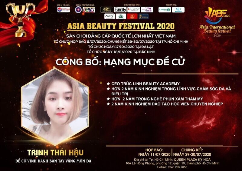Nghệ nhân trẻ Trịnh Thái Hậu xuất sắc nhận giải thưởng Đề cử Vinh danh Bàn tay vàng bộ môn Chăm sóc da tại cuộc thi Asia Beauty Festival 2020