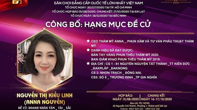 CEO Nguyễn Thị Kiều Linh xuất sắc nhận giải thưởng Đề cử Doanh nhân Tâm – Tài – Sắc tại cuộc thi Asia Beauty Festival 2020 tại Đà Lạt